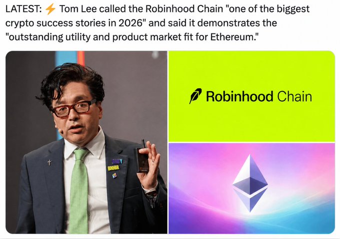 The image features Tom Lee alongside the Robinhood Chain and Ethereum logos, with a headline quoting him calling Robinhood Chain "one of the biggest crypto success stories in 2026" and praising Ethereum's product market fit. The visual reinforces the post's discussion of Robinhood Chain's recent launch and its connection to the Ethereum ecosystem where tokens like CASHCAT are building.
