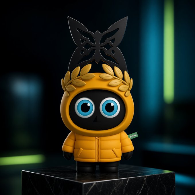 A 3D-rendered collectible figure of a black character wearing a yellow puffer jacket and a laurel wreath, topped with a black butterfly ornament, displayed on a dark marble pedestal with neon green lighting.