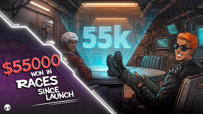 Promotional graphic for a racing game showing characters around a table with text '55K' and '$55000 WON IN RACES SINCE LAUNCH' displayed in neon style.