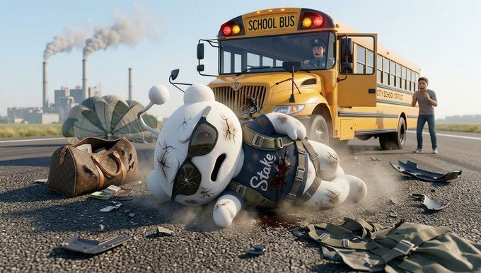 A digitally rendered scene depicts a yellow school bus crashed on a road with a damaged robot lying on the ground in the foreground, while a man stands behind the bus looking at his phone.