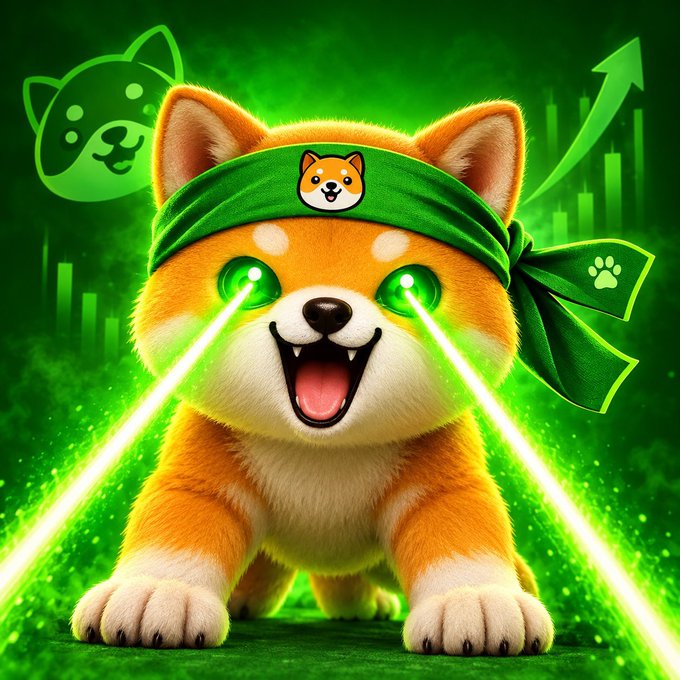A digital illustration of a Shiba Inu dog wearing a green headband with the Doge logo, featuring glowing green laser eyes set against a green background with financial chart graphics.
