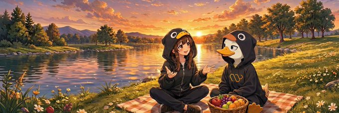 The image features two cartoon characters, one wearing a black jacket and the other dressed as a penguin, sitting together on a blanket near a body of water with trees around them. The scene appears to be set during sunset or sunrise, creating a warm and inviting atmosphere. The text in the image reads "just a few months ago @wallchain was mainly known as a smart platform rewarding creators with quacks for quality content now things have leveled up in a big way". This suggests that the characters might be discussing their experiences on Wallchain or sharing stories about their creative projects, which are gaining recognition and support from the community.