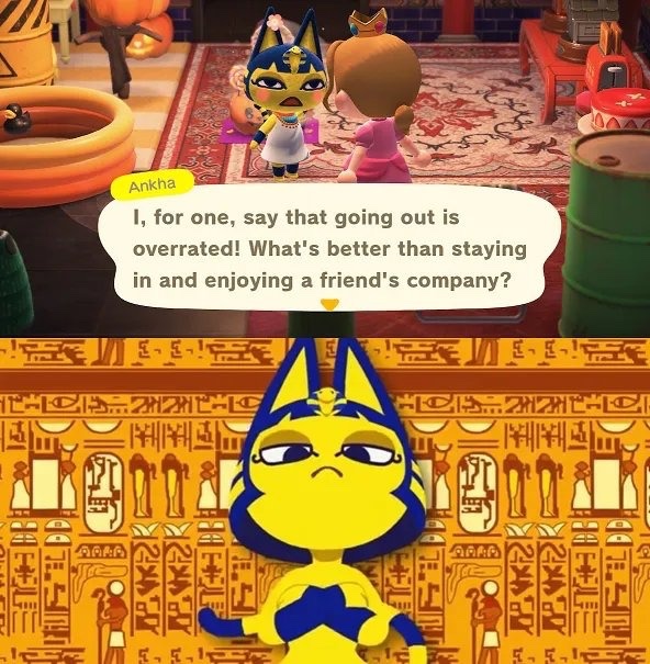 Two screenshots from the video game Animal Crossing, showing the cat character Ankha speaking: 'I, for one, say that going out is overrated! What's better than staying in and enjoying a friend's company?'