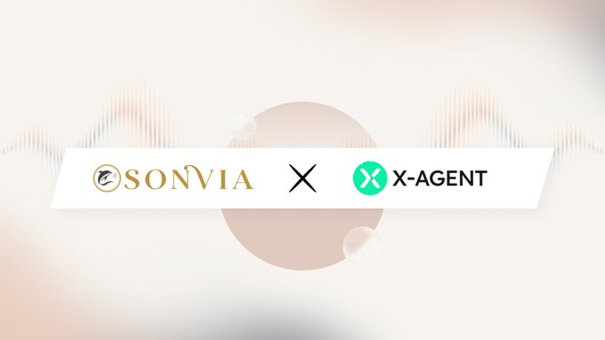 A minimalist graphic with a light background showing a partnership between 'SONVIA' and 'X-AGENT', separated by an 'X' mark, with abstract circular and waveform designs.