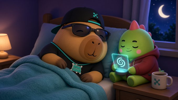 A 3D-rendered nighttime scene of a capybara and a small green dinosaur plushie in bed, with the dinosaur looking at a glowing phone screen showing a spiral icon.