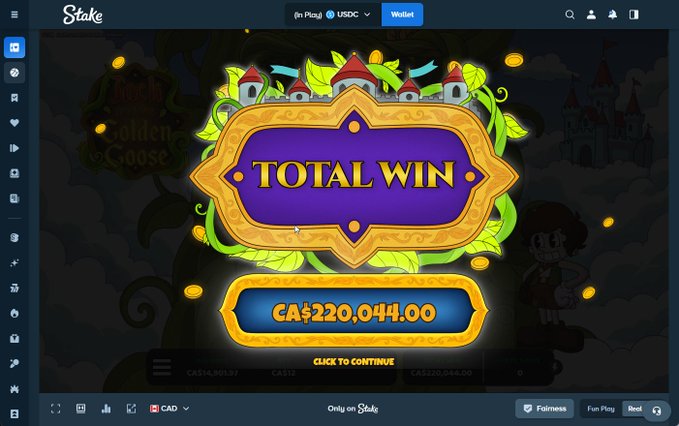 A "Stake" online casino screenshot displays a "TOTAL WIN" of CA$220,044.00 from a "Golden Goose" game, visually supporting the post's boast about a massive gambling win that eliminates the need to "sell anymore."