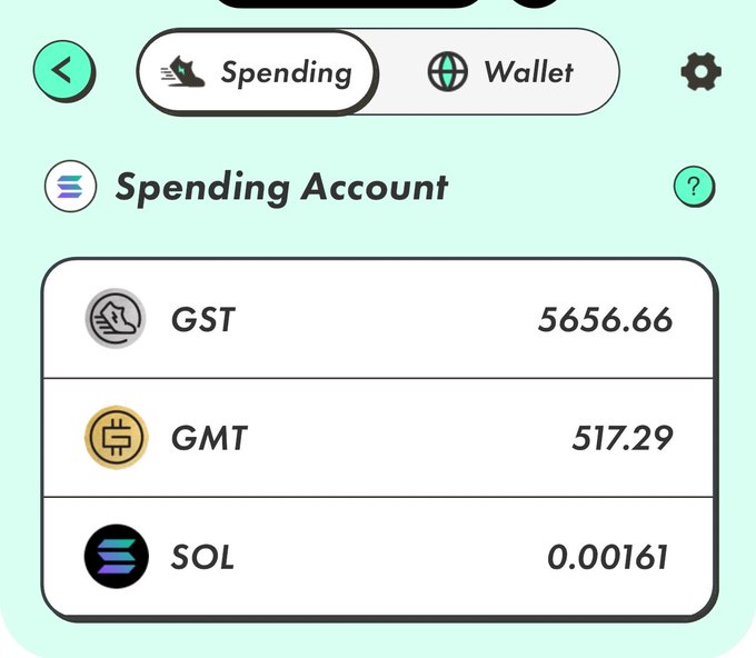 A crypto wallet screenshot showing a Spending Account with GST (5656.66), GMT (517.29), and SOL (0.00161) balances.