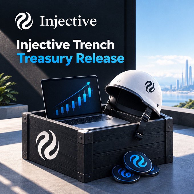 A promotional graphic for "Injective Trench Treasury Release" featuring a wooden crate with the Injective logo, containing a laptop displaying a rising chart, a white helmet, and INJ tokens, set against a cityscape.