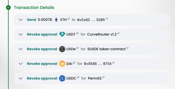 A cryptocurrency transaction details screen showing a Send of 0.00078 ETH and multiple Revoke approval actions for USDT, USDe, DAI, and USDC.