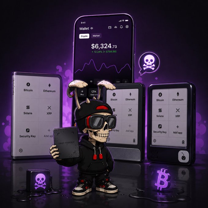 A stylized 3D illustration showing a skull character wearing bunny ear headphones and goggles, holding a "TRUST YOURSELF" card, surrounded by cryptocurrency hardware wallets (Ledger) displaying Bitcoin, Ethereum, Solana, and XRP, with a phone showing a $6,324.73 wallet balance and purple skull-and-crossbones and Bitcoin symbols.