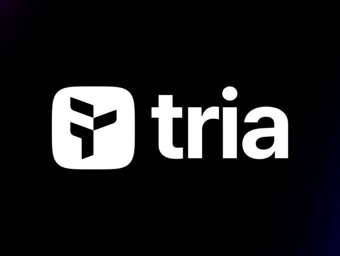 The image features a logo for a company named "Tria" written in white letters against a black background. The logo includes a stylized "F" shape, which is often associated with the social media platform Twitter. The text on the logo reads "Happy Monday new week If you'r participate @useTria you should know this make sure you participate both @MindoAI Mindshare leaderboard and tria app onchain activities". This suggests that the company might be promoting a social media management tool or service, possibly related to Twitter.
