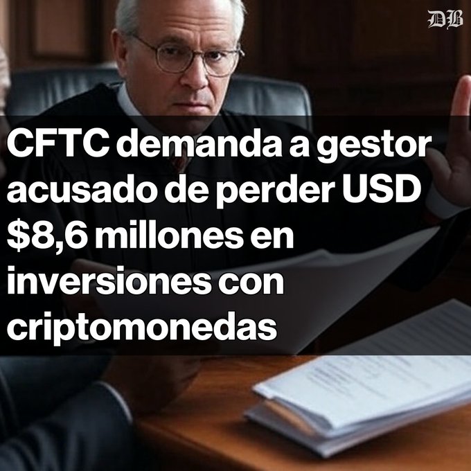 A news graphic featuring a judge in a courtroom with Spanish text reading 'CFTC demanda a gestor acusado de perder USD $8,6 millones en inversiones con criptomonedas' (CFTC sues manager accused of losing $8.6 million in cryptocurrency investments), branded with 'MH'.
