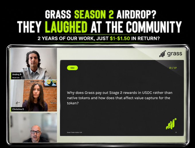 A YouTube thumbnail features bold text reading "GRASS SEASON 2 AIRDROP? THEY LAUGHED AT THE COMMUNITY" and "2 YEARS OF OUR WORK, JUST $1-$1.50 IN RETURN?" alongside three video call participants, with one panel displaying a Q&A slide asking, "Why does Grass pay out Stage 2 rewards in USDC rather than native tokens and how does that affect value capture for the token?" The image directly visualizes the post's criticism, highlighting the community's frustration over a low-value Season 2 airdrop payout and the dismissive, laughing reactions from the Grass team during the Q&A session.