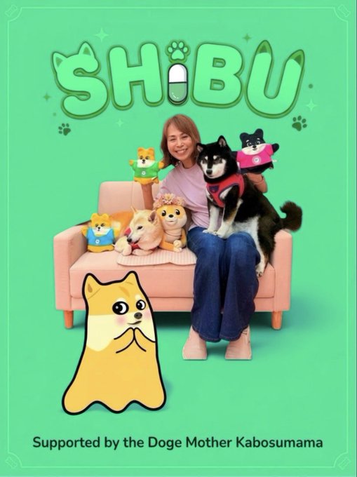 A green promotional poster titled 'SHIBU' featuring a smiling woman holding a Shiba Inu dog, surrounded by plush toys and a cartoon Shiba Inu character, with text reading 'Supported by the Doge Mother Kabosumama'.