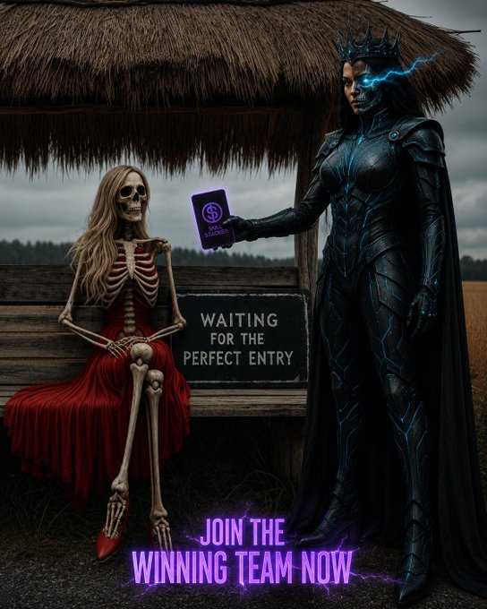 The image features a skeleton woman holding a book, with another skeleton woman sitting next to her. The background shows an open wooden bench under a thatched roof. There are purple text elements in the image, including "join the winning team now" and "let's go abuilding and save ourselves".