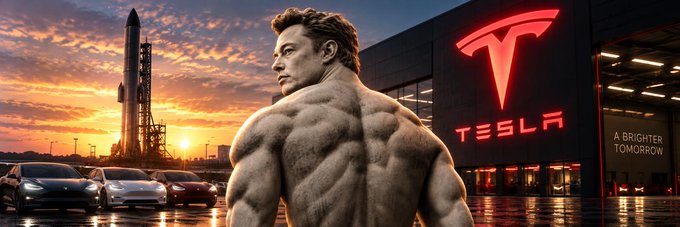 A digital composite image showing Elon Musk with an exaggerated muscular torso, standing between a SpaceX rocket on a launch pad and a Tesla showroom building displaying the glowing red Tesla logo and 'A BRIGHTER TOMORROW' signage.