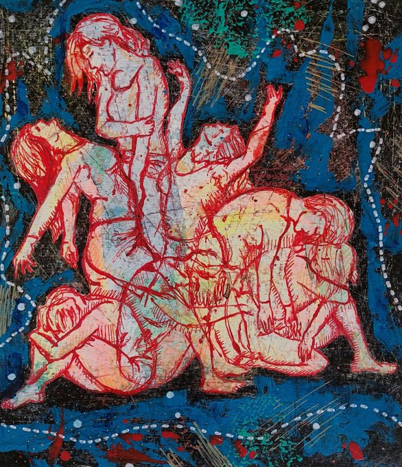 An expressive, abstract painting in red, blue, and yellow depicting intertwined human figures with chaotic linework on a dark, textured background.