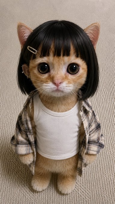 A digitally edited or AI-generated image of an adorable orange tabby kitten wearing a black bob haircut wig with a hair clip, dressed in a white tank top and plaid overshirt, standing upright on its hind legs.