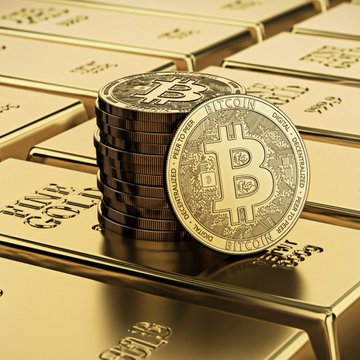 A stack of gold-colored Bitcoin ($BTC) tokens rests atop shimmering gold bars, visually capturing the strengthening correlation between Bitcoin and gold highlighted in the post about Bitwise's findings and Glassnode's cautionary note on past sovereign bond selloffs.