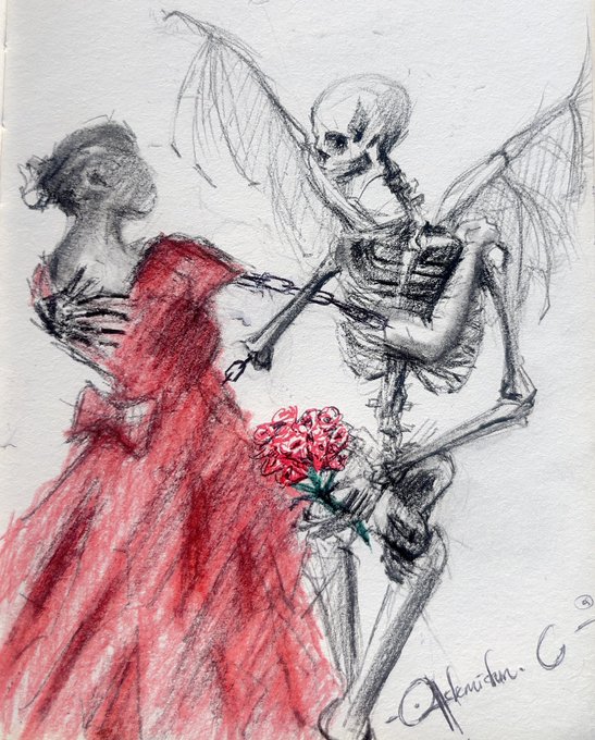 A sketch artwork depicting a skeleton with bat-like wings presenting red roses to a woman in a flowing red dress, signed by the artist.