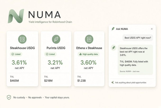 NUMA's dashboard displays screened USDG yield opportunities on Robinhood Chain—Steakhouse at 3.61% net APY ($465M TVL), Purinta at 3.21% ($218M), and Ethenax Steakhouse at 3.60% ($1.23B)—with an AI assistant panel confirming Steakhouse USDG currently offers the best APY at 3.61%, matching the post's emphasis on non-custodial, approval-free yield comparison.