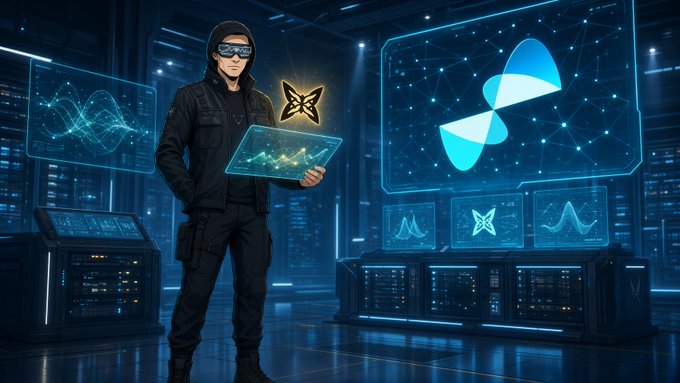 A digital illustration of a tech operator in a black hoodie and VR-style goggles holding a holographic tablet, standing in a futuristic blue server room with the Sui blockchain butterfly symbol visible on multiple screens.