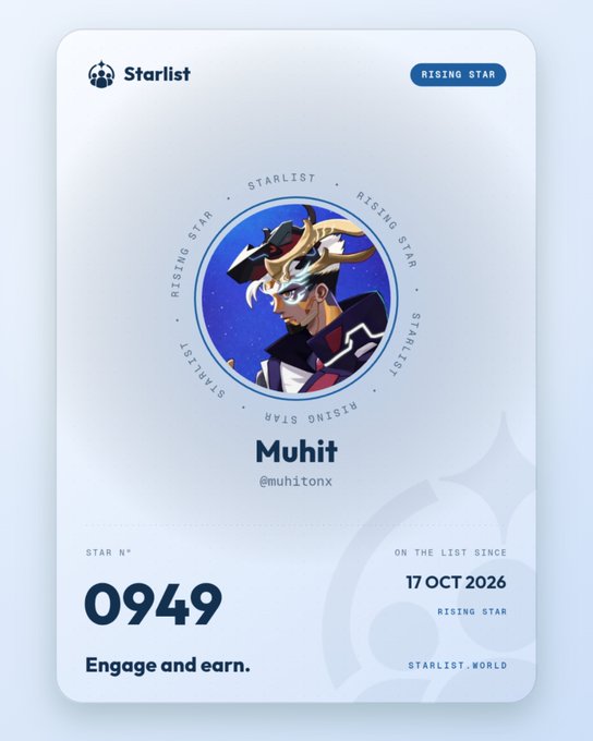 A digital 'Starlist' membership card design featuring an anime-style character with horns, listing the username 'Muhit' (@muhitonx), Star Number 0949, and marked as a 'Rising Star' since 17 Oct 2026.