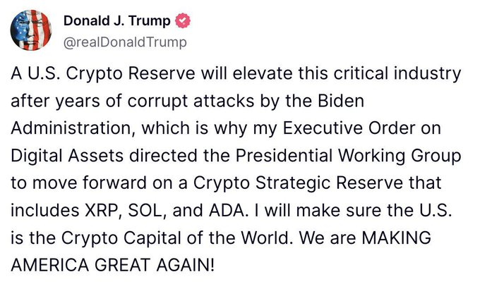 A screenshot of a tweet from Donald J. Trump (@realDonaldTrump) discussing a U.S. Crypto Reserve that includes XRP, SOL, and ADA.