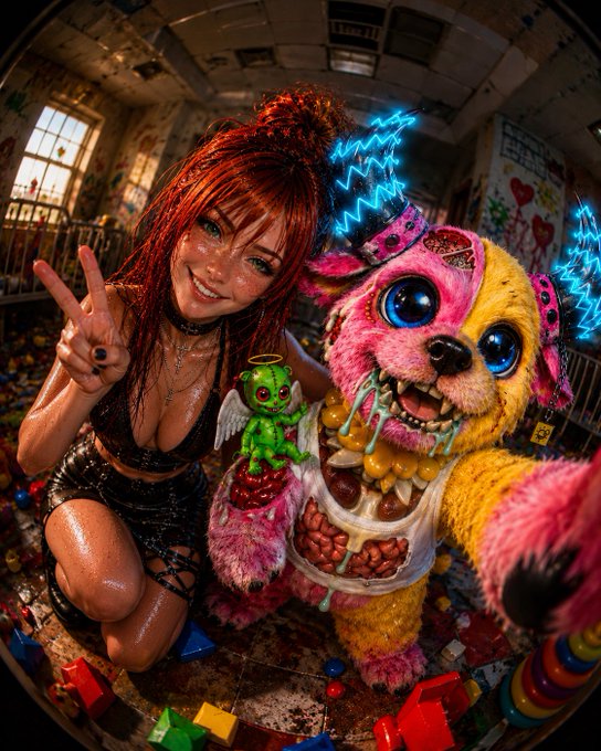 A vibrant AI-generated illustration showing a red-haired woman making a peace sign next to a menacing pink and yellow furry monster with glowing blue zigzag antennae, surrounded by scattered toys in an abandoned, graffiti-covered room.