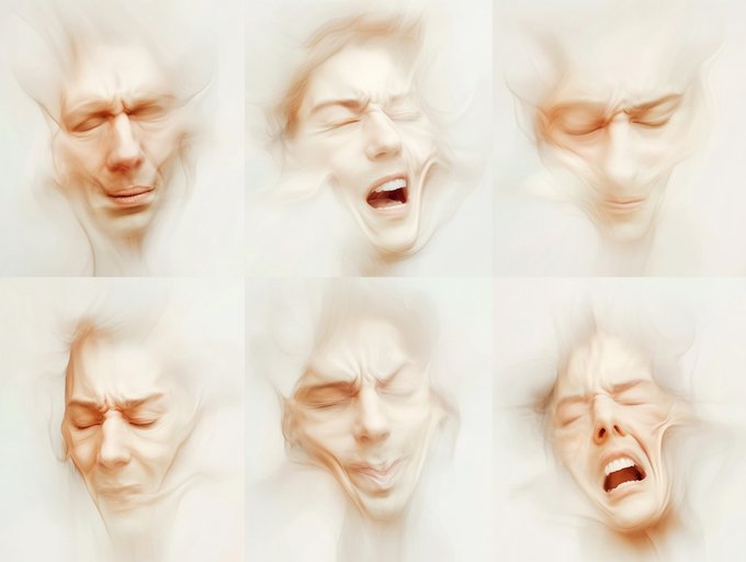 The image features six different facial expressions of a person's face, each with varying degrees of intensity or emotion. The faces are depicted in white against a light gray background, creating a stark contrast that makes them stand out prominently. The images show the person's eyes closed and mouth open, conveying a sense of surprise or shock. The post is titled "gm Starting the week with one of my works that is not an easy one, but which I deeply love."