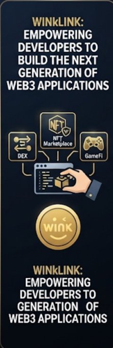 A promotional graphic for WINKLINK with text 'EMPOWERING DEVELOPERS TO BUILD THE NEXT GENERATION OF WEB3 APPLICATIONS', showing icons for DEX, NFT Marketplace, and GameFi.