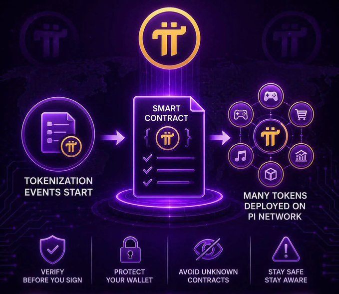 An infographic about tokenization on the Pi Network, showing the flow from 'TOKENIZATION EVENTS START' through a 'SMART CONTRACT' to 'MANY TOKENS DEPLOYED ON PI NETWORK', with safety tips at the bottom.