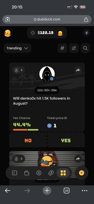 A mobile screenshot of duelduck.com showing a betting market asking 'Will denko0x hit 1.5K followers in August?' with a 44.4% Yes chance and $1 ticket price, displaying a 122.15 balance.