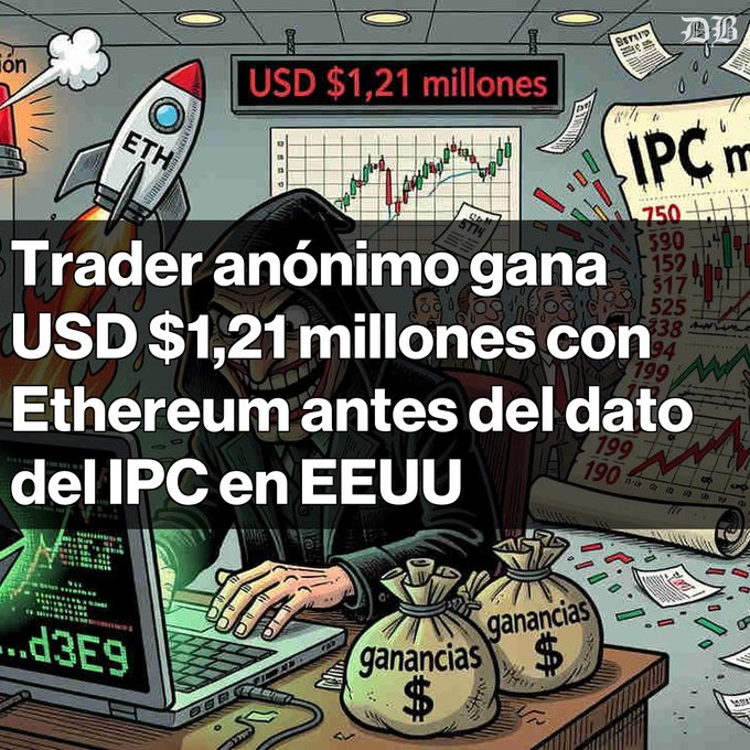 The image features an illustration of a person sitting at their desk with a laptop, surrounded by various items such as dollar bills and bags of money. The illustration suggests that someone may have stolen Bitcoin from Bitcoin ATMs around the world. A statement appears in the background which reads "Un trader anónimo gana USD $1,21 millones en Ethereum justo antes del IPC en EE.UU. La operación se realizó 30 minutos antes de la publicación del dato de inflación. Abrió una posición larga apalancada of ..." This implies that the person has been involved in illegal activities, possibly using Bitcoin to launder money or fund other criminal endeavors.