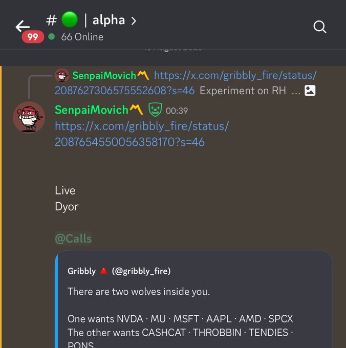 A Discord screenshot from the "#alpha" channel shows user "SenpaiMovich" sharing a gribbly_fire tweet about bullish momentum for tickers including NVDA, MU, MSFT, AAPL, AMD, SPCX, CASHCAT, THROBBIN, TENDIES, and RONS, supporting the post's claim about a 200k to 2.5M mcap call shared in Jesters.