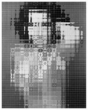 An abstract black, white, and gray artwork featuring layered grid patterns and geometric shapes resembling architectural or industrial structures with intricate repeating motifs.