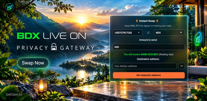 A promotional graphic for 'BDX LIVE ON PRIVACY GATEWAY' by beldex.io showing an 'Instant Swap' interface for exchanging USDT(TRC20) to BDX, with a swap amount of 500 yielding 5456.1533 BDX, set against a scenic lake and mountain backdrop.