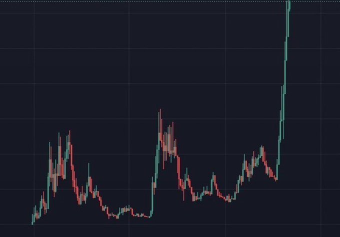 A candlestick chart displays a dramatic vertical price spike on the far right, with no visible ticker symbols or text. The chart illustrates a sudden parabolic rally, visually reinforcing the post's promise of a potential 1000X memecoin breakout, though the sharp, isolated surge may suggest manipulation or unsustainable price action.
