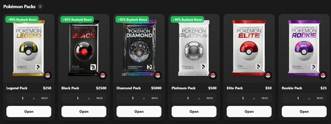 In this image, a collection of Pokemon trading cards are displayed side by side on a dark gray background. The cards range from $25 and up, showcasing different prices for their respective rarity levels. They are divided into several categories such as "100x", "50x", "elite", "platinum", "legend", and "black". Each card also has an option to buy it for $5 or $10, allowing the buyer to choose between a regular price or a lower-cost option based on their preferences. The cards are arranged in rows with their descriptions and prices written in a clear and organized manner.