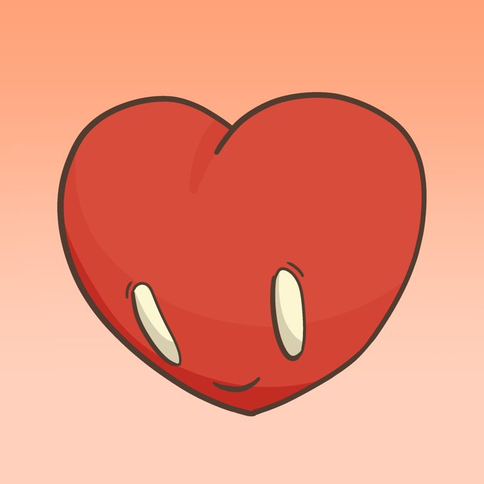 A stylized cartoon illustration of a smiling red heart character with large expressive eyes on a peach gradient background.