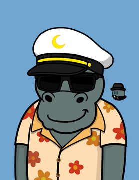 A cartoon illustration of a smiling gray hippopotamus wearing a white captain's hat with a yellow crescent moon, black sunglasses, and a Hawaiian shirt with orange flowers, with a small frog wearing a fedora on its shoulder.