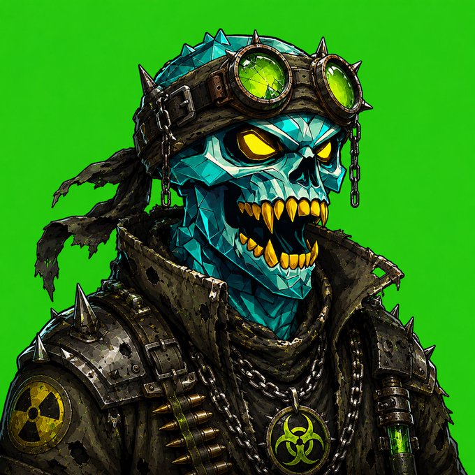 A stylized illustration of a blue-skinned skull wearing spiked goggles and a tattered coat with chains and a biohazard pendant on a bright green background.