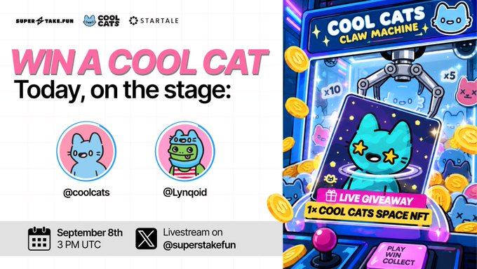 A promotional banner for a 'Win A Cool Cat' giveaway by Cool Cats featuring @coolcats and @Lyngoid, scheduled for September 8th at 3 PM UTC via livestream on @superstakefun.