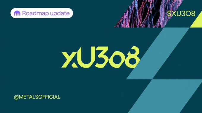 A promotional graphic announcing a roadmap update for "xU3O8" (@METALSOFFICIAL), displayed in bold green text against a dark teal background, with "Roadmap update" and the ticker "$XU3O8" labeled in the corners. The image visually reinforces the post's announcement of xU3O8 being added to Kraken's listings roadmap.