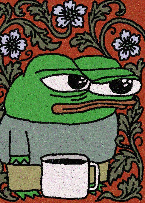 A Pepe the Frog meme illustration showing the character holding a coffee mug against a red floral patterned background.
