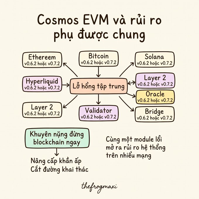 A Vietnamese-language infographic titled "Cosmos EVM và rủi ro phụ thuộc chung" (Cosmos EVM and shared dependency risk), illustrating a central vulnerability affecting multiple blockchains including Ethereum, Bitcoin, Solana, Hyperliquid, Layer 2, Oracle, Bridge, and Validator, signed "thefrogmaxi".