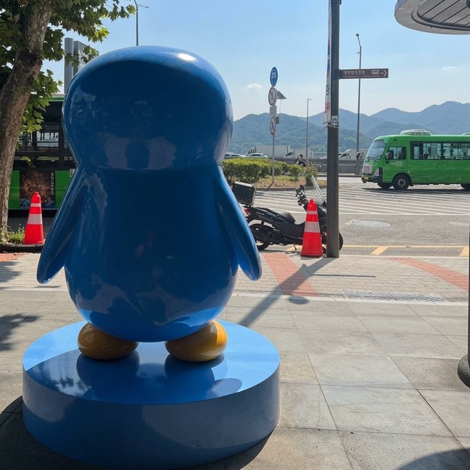 A large blue penguin statue stands on a circular pedestal on a city sidewalk, with a green bus, traffic cones, and mountains visible in the background.