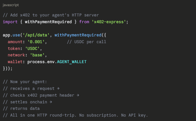 JavaScript code snippet showing how to add x402 payment middleware to an Express server, requiring 0.001 USDC per API call on the Base network, with the wallet address pulled from an environment variable. This directly illustrates the post's Step 6 instructions for enabling x402 payment support so the agent can both pay for external API calls and accept payment from other agents.