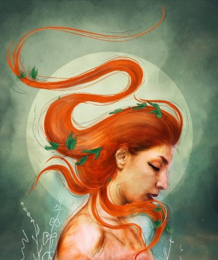 A digital painting of a serene woman in profile with flowing, windswept red hair intertwined with green leaves, set against a moonlit teal background. The "QT Her" caption aligns with the ethereal, feminine beauty captured in the artwork.
