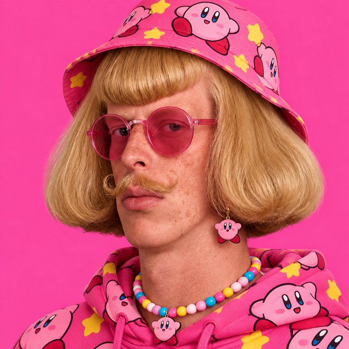 A man with a blonde bob wig, mustache, and pink-tinted round sunglasses poses in a pink Kirby-themed hoodie, bucket hat, and beaded necklace against a bright pink background.